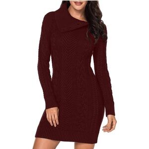 Red Cable Knit Sweater Dress Women’s Size Large Long Sleeve Turtleneck Pullover